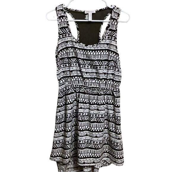 AMBIANCE APPAREL Black & White Mesh Back Drop Waist Tribal Print Dress Size M - Picture 1 of 8